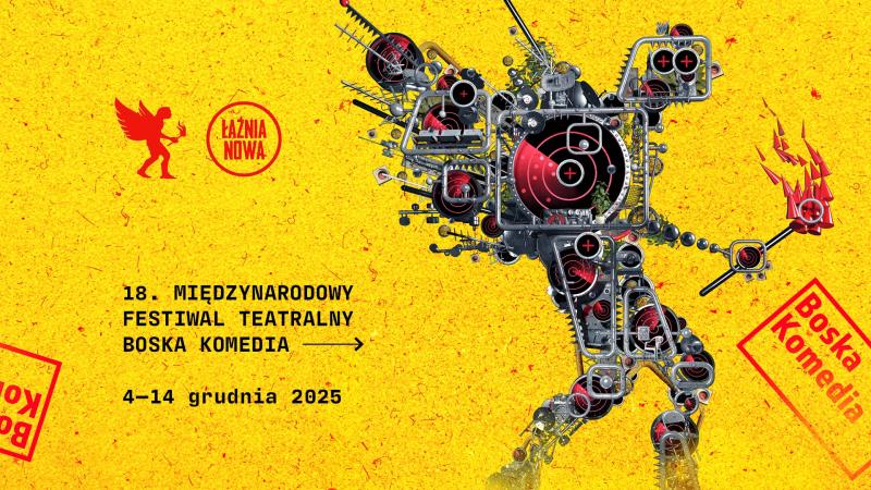 18th International Theatre Festival Divine Comedy Banner Dates: Dec 4-14, 2025 Visuals: Mechanical character, yellow background.